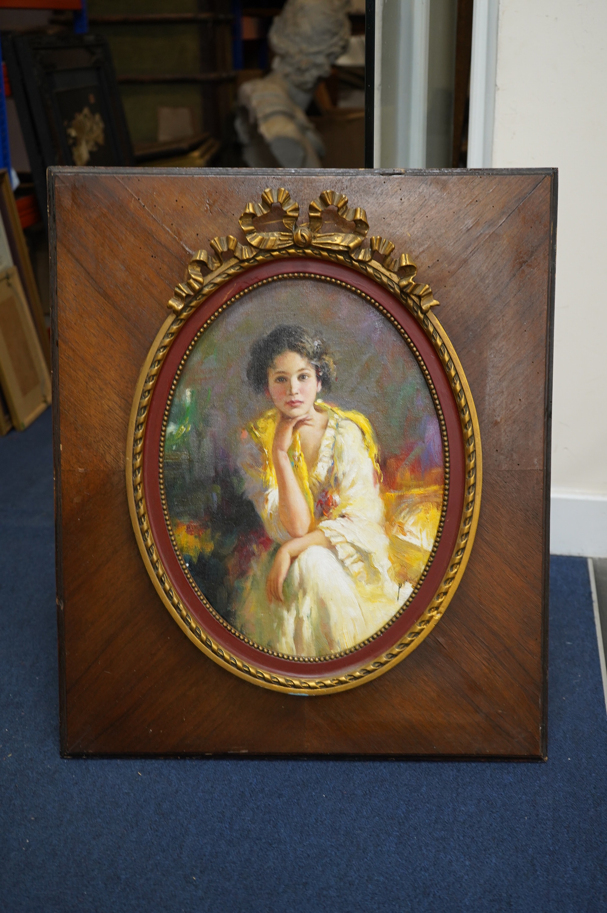 A decorative Impressionist oval oil on board, Study of an Italian beauty, 38 x 28cm, ornately framed. Condition - good